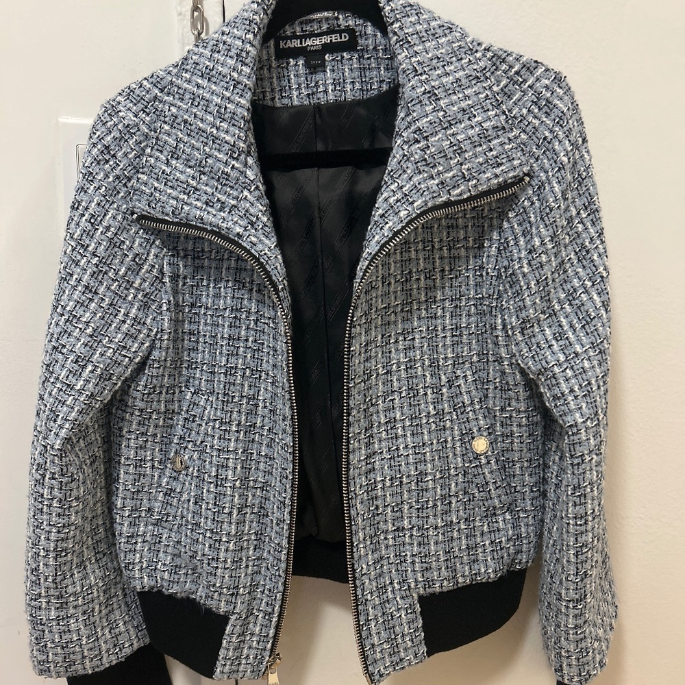 Karl Lagerfeld blue tweed women’s bomber jacket